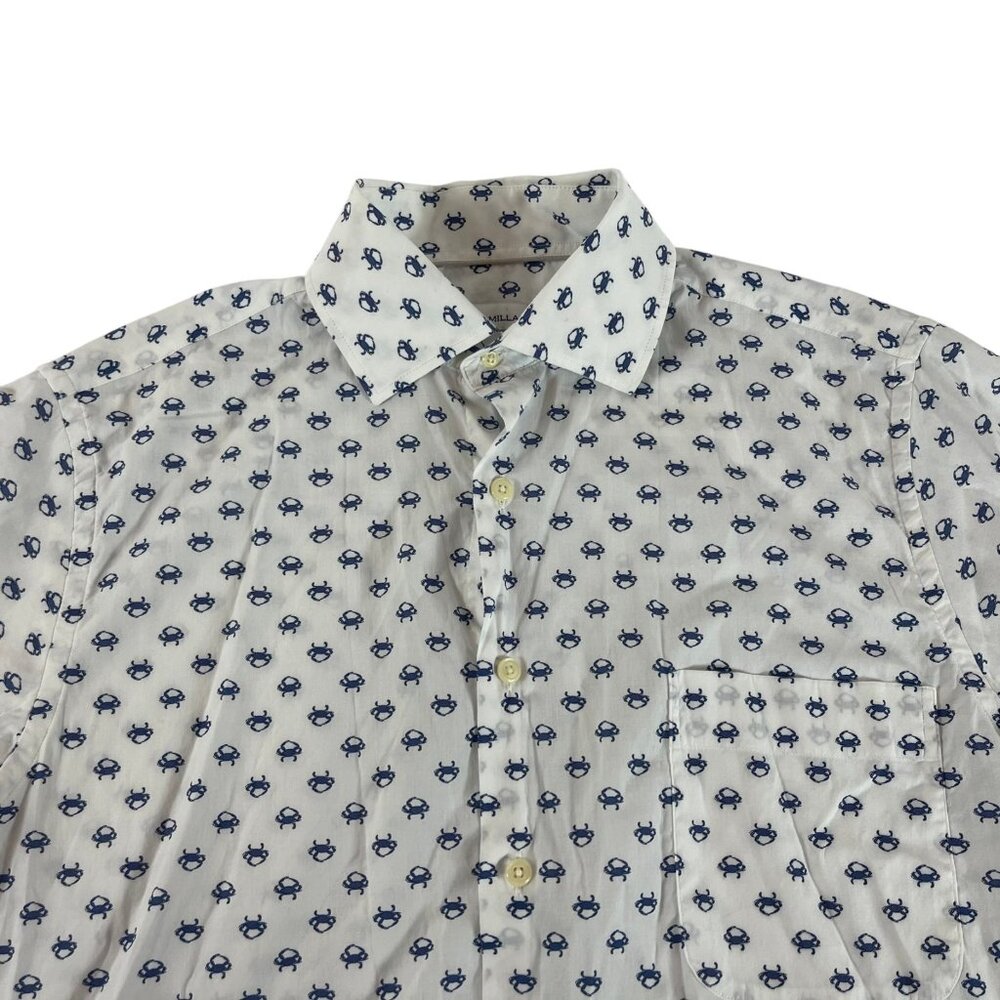 Peter Millar Crab Button Front Shirt Mens Small Short Sleeve Blue White